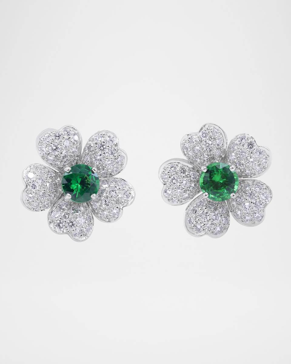 Platinum Flower Diamond and Tsavorite Stud Earrings